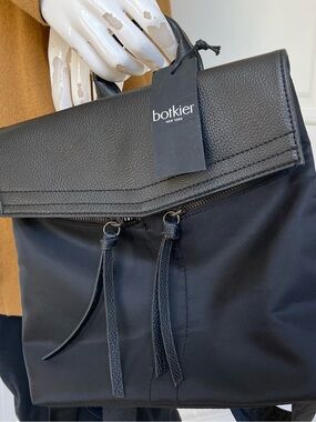 Botkier New York Black Foldover Backpack Nylon Faux Leather Laptop Travel Bag